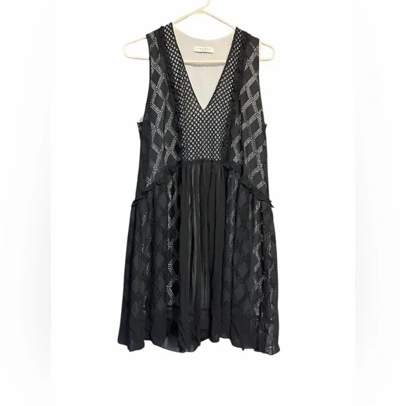 Sandro Paris Black Lace & Chiffon Sleeveless V-Neck Dress Size 2 - Picture 3 of 8